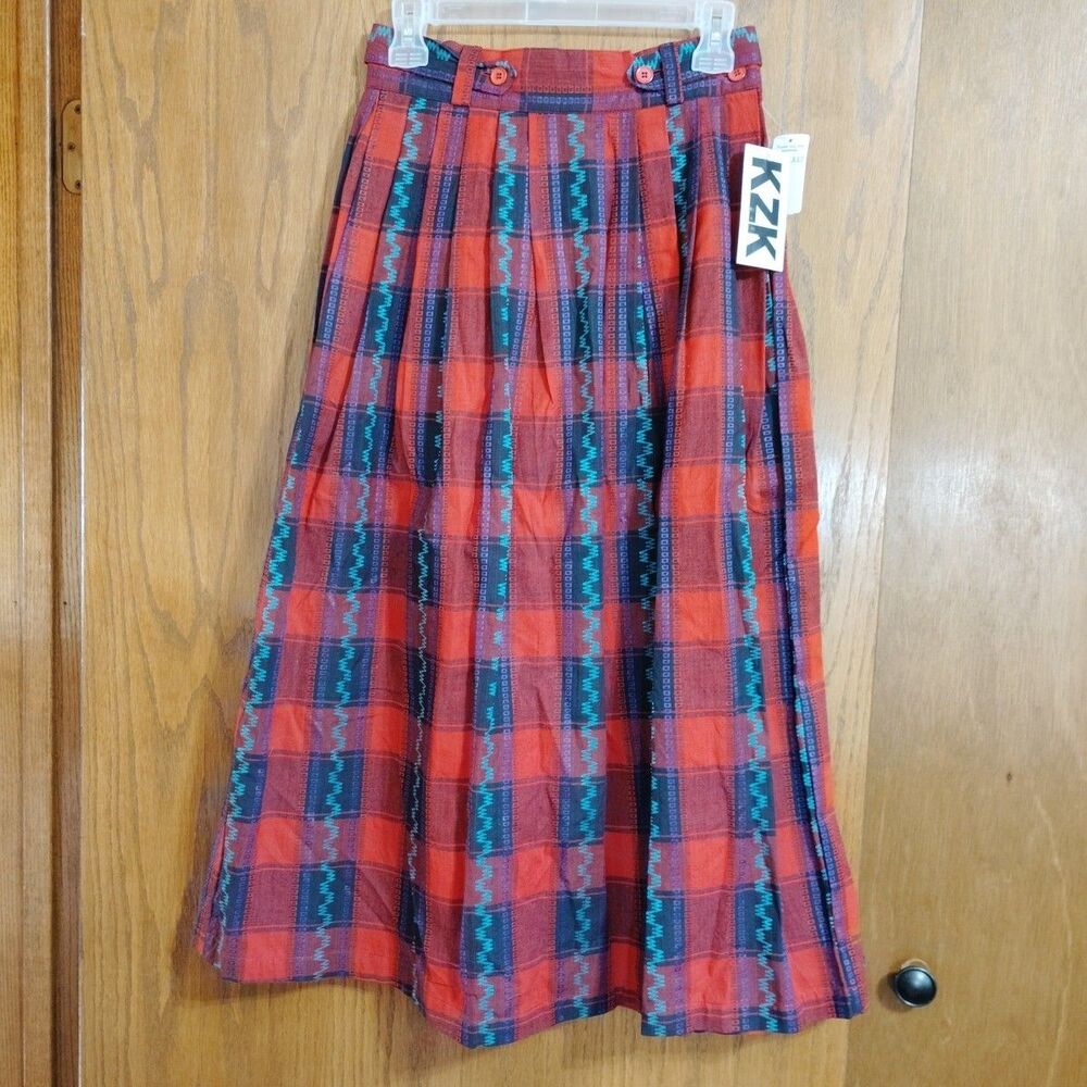 Vintage KZK Skirt Medium NWT Plaid Cotton Pockets Midi Red Black Teal Purple